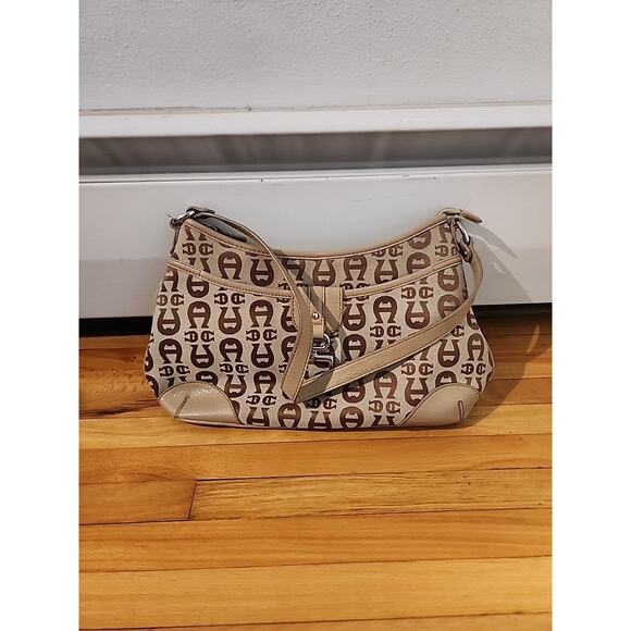 Vintage Etienne Aigner Shoulder Bag Purse Signature Logo Leather Trim Beige Tan - Picture 1 of 9